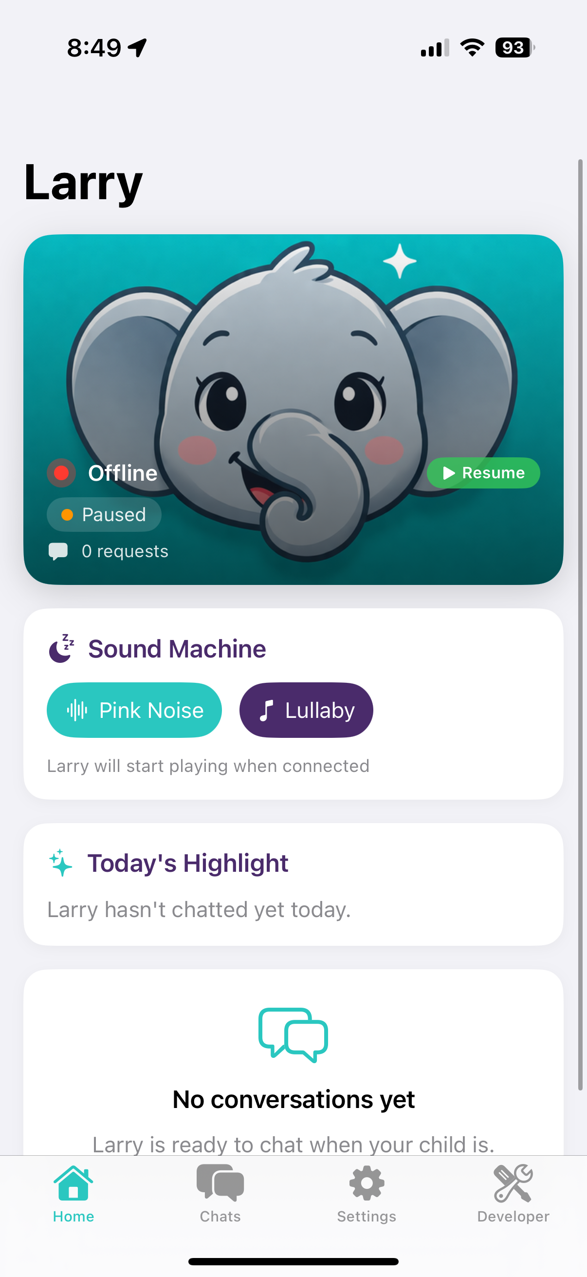 Larry app home dashboard